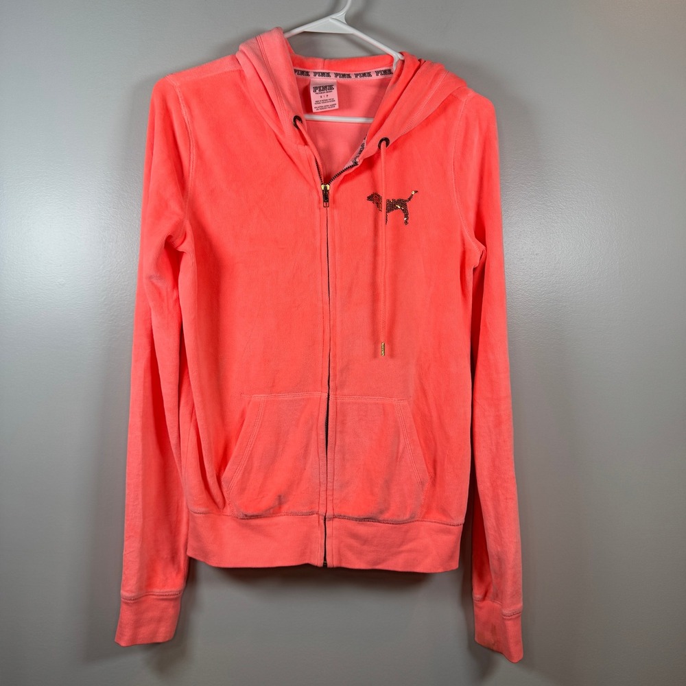 VS PINK Sequin Hoodie‎ Small Neon Coral Velour Love Pink Y2K McBling Luxury VHTF